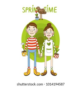 Cute spring illustration with funny boy and girl. Vector illustration in cartoon style for spring concept