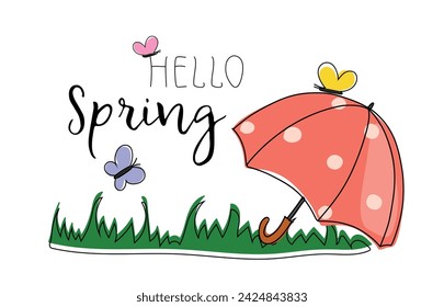 Cute spring illustration with grass, umbrella and butterflies. Spring bright banner, poster, background, offer. Hello spring colorful banner isolated on white background