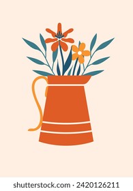 Cute spring illustration with jug, kitchen utensils, flowers, plants, leaves. Cartoon hand drawn clip art. Cottagecore, slow farm life, hobby of gardener. For card, sticker, badge, banner.