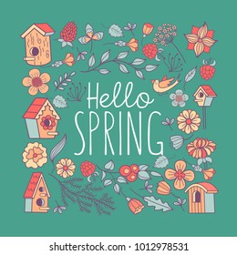 Cute spring illustration. Set of spring flowers, branches, leaves and birdhouses. The inscription Hello, spring!