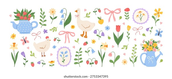 Cute spring illustrations and cottage aesthetics elements.Hand drawn garden and field flowers, bow, goose, teapot, chicken, strawberry, watering can. Spring summer floral stickers.Vector illustration.
