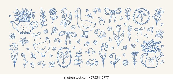 Cute spring illustrations and cottage aesthetics elements.Hand drawn garden and field flowers, bow, goose, teapot, chicken, strawberry, watering can. Spring summer floral stickers.Vector illustration.