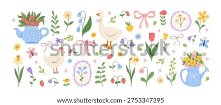 Cute spring illustrations and cottage aesthetics elements.Hand drawn garden and field flowers, bow, goose, teapot, chicken, strawberry, watering can. Spring summer floral stickers.Vector illustration.