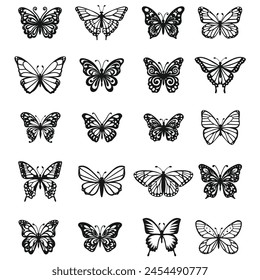 Cute spring insects with openwork wings, flying butterflies. Butterfly silhouettes. Winged insect, various details, beautiful moth, decorative wildlife elements Vector set