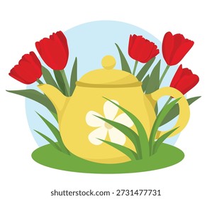 Chaleira de primavera bonito com flores tulipas vermelhas e grama verde em uma ilustração plana alegre cena de primavera