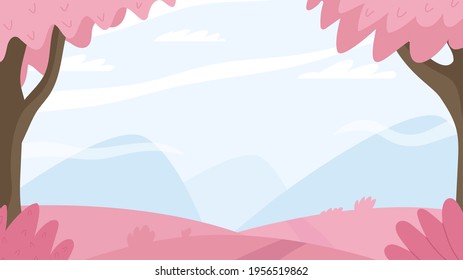 Cute spring landscape with cherry blossom and mountains. Seasonal background with space for text for web banner.