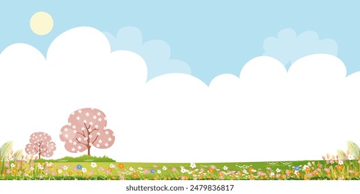 Süße Frühlingslandschaft mit Blüte im Park, Vektorillustration-Cartoon mit grüner Graswiese auf Hügeln, wolkenblauer Himmel, Banner-Natur-Bauernhof-Rasenfeld blüht im Garten im Dorf am sonnigen Sommertag