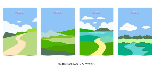 Conjuntos de ilustração de paisagem de mola bonito com árvores e campos de flores plano de fundo