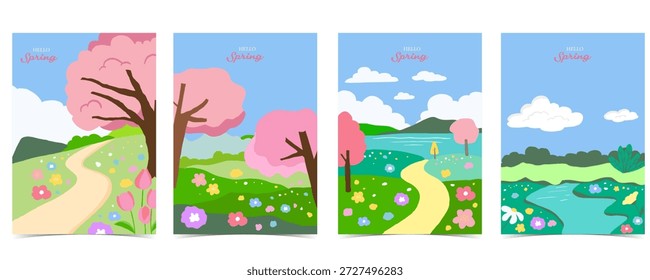 Cute Spring Landscape Illustration Set with cherry blossom Trees and Flower Fields background
