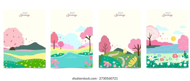 Cute Spring Landscape Illustration Set with cherry blossom Trees and Flower Fields background
