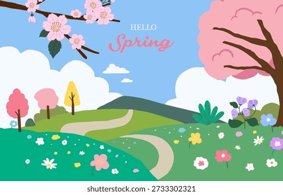 Cute Spring Landscape Illustration Set with Sakura Trees and Flower Fields banner background