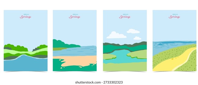 Cute Spring Landscape Illustration Set with Trees and Flower Fields background