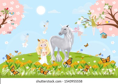 Cute Spring landscape with little princess, unicorn and little fairies flying with butterfly and bee in magic green field,Spring scene with happy girl and friends playing under cherry blossom branches