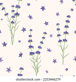 Patrón de lavanda de primavera en un fondo beige. Patrón vectorial sin fisuras con hermosas flores. Diseño de tela de lavanda.