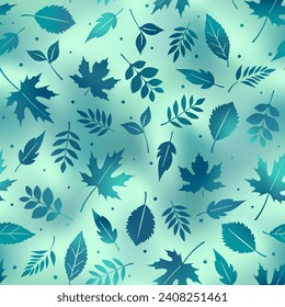Cute spring leaves seamless pattern. Vector spring repeat texture with hand drawn green leaf on green gradient background. Trendy beautiful season print for decor, wrapping, wallpaper, fabric.