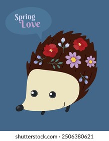 Cute Spring Love Illustration with Hedgehog at Flowers