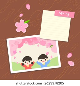 Cute Spring Memory Illustration with Kids and Cherry Blossoms. vector illustration.