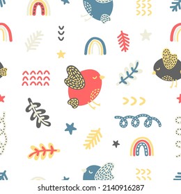Cute spring minimalistic vector pattern in folk scandinavian style on a white background. Children's cartoon print with birds and rainbows for toddlers, textiles, dector, cards, wrappers, interior 
