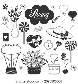 Cute spring monochrome collection. Air balloon, flowers, key, lolly pop, heart, letters. Romantic black objects, cartoon style. Vector illustration. Isolated on white.