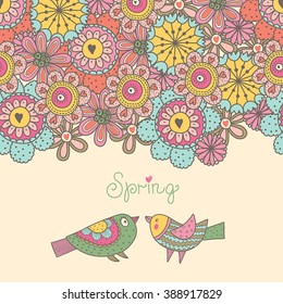 Cute spring motif. Vector postcard with birds and flowers.