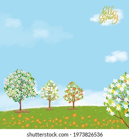 Cute Spring Natural Background with blue sky,Cheery bloom and wild flowers on green grass fields,Cartoon illustration Spring greeting card with white fluffy cloud,Template banner Spring sale,Promotion
