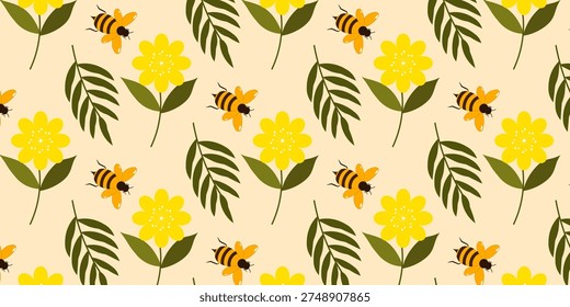 Cute spring nature pattern featuring honey bees, blooming flowers, and green leaves arranged in a decorative repeating background. Perfect for seasonal designs, nature themes, fabric prints, packaging, and spring or garden themed projects.