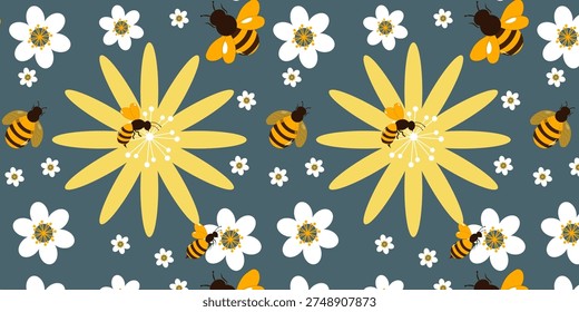 Cute spring nature pattern featuring honey bees, blooming flowers, and green leaves arranged in a decorative repeating background. Perfect for seasonal designs, nature themes, fabric prints, packaging, and spring or garden themed projects.
