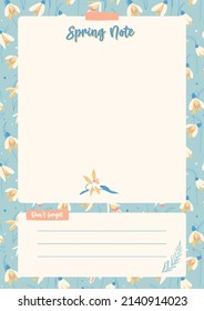 Cute Spring Note Daily Planner and Meal Tracker Template with pastel blue snowdrop flower pattern. Flat style illustration