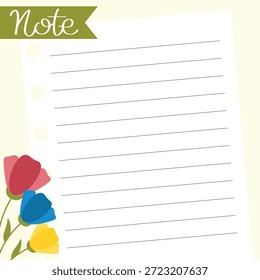 Papel de nota de primavera bonito com flores coloridas. Modelo quadrado para memorando, adesivo, lista de tarefas, diário, casa ou escritório.