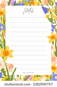 Cute spring notes lined paper template, colorful flowers on a beige background. Daffodil. narcissus, hyacinth, clematis plant Memo list Vector illustration flat style