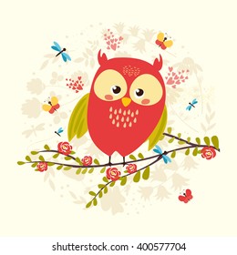 cute, spring owl sitting on a flowering branch.the background with splashes and flowers