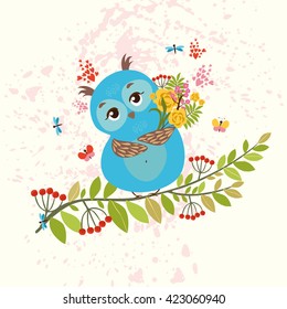 cute, spring owl sitting on a flowering branch with a bouquet .the background with splashes and flowers.