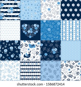 Cute spring patchwork background with different flowers, birds and leaves patterns for textile, gift wrap and scrapbook. Vector illustration.