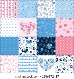 Cute spring patchwork background with different flowers, birds and leaves patterns for textile, gift wrap and scrapbook. Ornament in rustic style. Vector illustration.