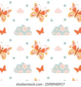 Cute spring pattern with butterflies and clouds on a white background