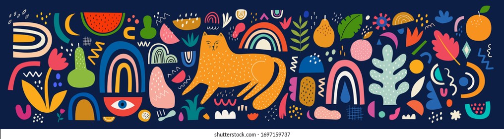 Cute spring pattern collection with cat. Decorative abstract horizontal banner with colorful doodles. Hand-drawn modern illustrations with cats, flowers, abstract elements. Abstract series