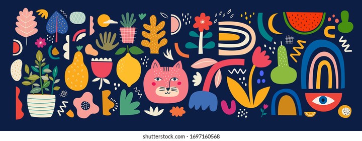 Cute spring pattern collection with cat. Decorative abstract horizontal banner with colorful doodles. Hand-drawn modern illustrations with cats, flowers, abstract elements. Abstract series