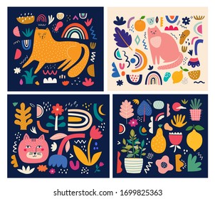 Cute spring pattern collection with cat. Modern posters. Decorative abstract collection with colorful doodles. Hand-drawn modern illustrations with cats, flowers, abstract elements