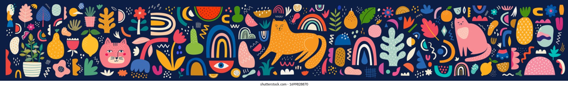 Cute spring pattern collection with cat. Modern posters. Decorative abstract collection with colorful doodles. Hand-drawn modern illustrations with cats, flowers, abstract elements