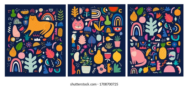 Cute spring pattern collection with cat. Modern posters. Decorative abstract collection with colorful doodles. Hand-drawn modern illustrations with cats, flowers, abstract elements