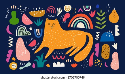 Cute spring pattern collection with cat. Decorative abstract horizontal banner with colorful doodles. Hand-drawn modern illustrations with cats, flowers, abstract elements. Abstract series