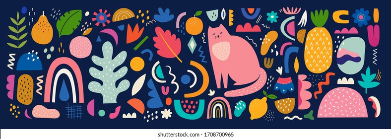 Cute spring pattern collection with cat. Decorative abstract horizontal banner with colorful doodles. Hand-drawn modern illustrations with cats, flowers, abstract elements. Abstract series