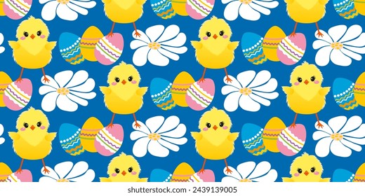 Cute spring pattern with Easter eggs, flowers, chickens. The cheerful Easter design for background, digital paper, wallpaper, fabric. Seamless pattern. Vector illustration.