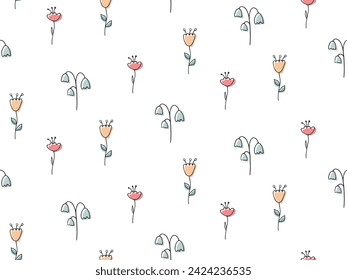 Cute Spring pattern with hand drawn flowers. Doodle Outline Abstract Flower. Floral ornament. Botanical plant kids Background for wallpapers, covers, cards, packaging 