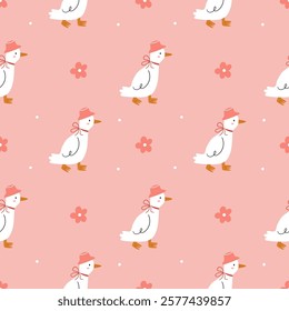 Cute spring pattern in retro style. White geese or ducks in hats with bows and daisies on a pink background.