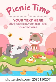 Cute Spring Picnic with Adorable Cats and Cherry Blossoms. Relaxing Picnic by the Lake with Cute Cartoon Cats.