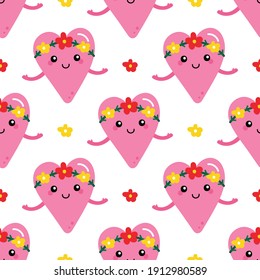 Cute spring pink heart characters with floral wreath vector seamless pattern background for Valentines Day design.
