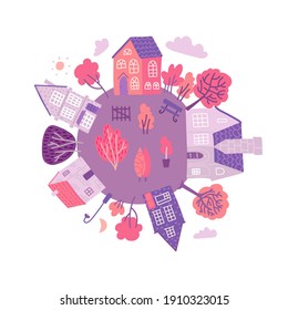 Cute spring planet image with blooming trees, bench and lantern. Hello springconcept. Flat vector illustration in pink color