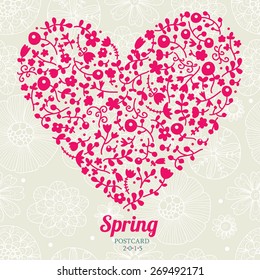 Cute spring postcard with flowers heart. Vector.