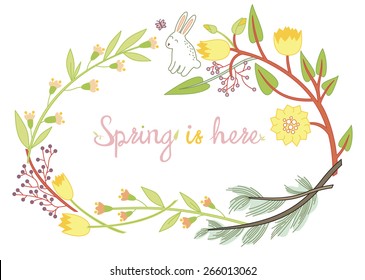 Cute spring postcard with rabbit. Happy Easter. Floral background, spring theme, greeting card. Spring is here. Vintage letters against floral background.